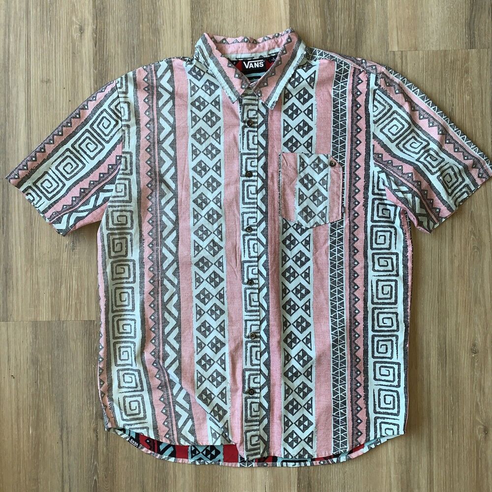 Vans LRG Men's Short Sleeve Button Shirt 100% Cotton Red Blue Tribal Geometric